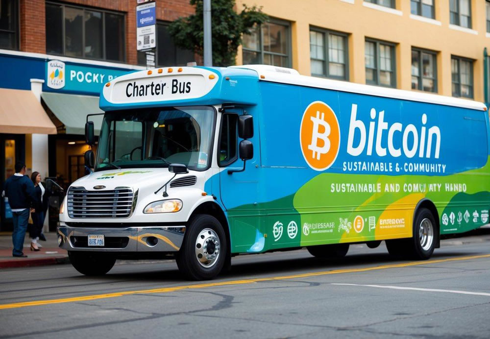 A charter bus adorned with sustainable and community-themed graphics, with a Bitcoin logo displayed prominently, pulls up to a bustling San Diego street corner
