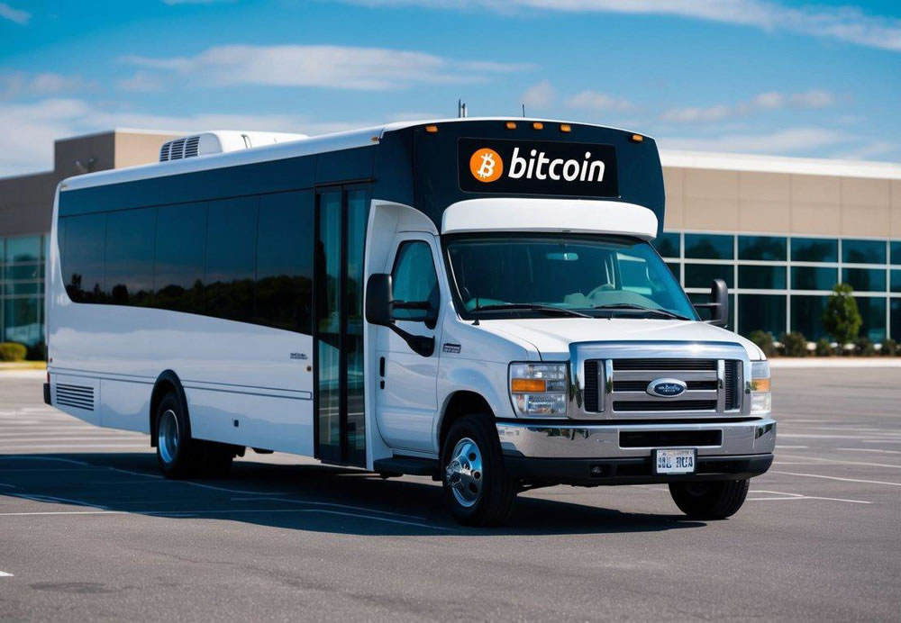 A charter bus parked in front of a modern office building with a Bitcoin logo displayed on its digital payment terminal